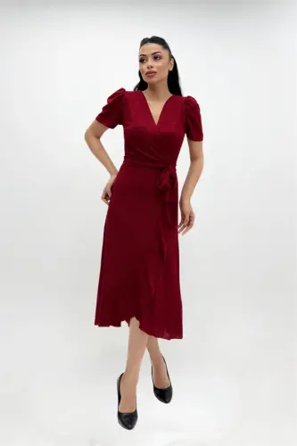 Imported Shimmering Fabric Belt Detail Midi Dress - RED - 3