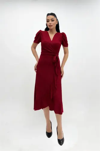 Imported Shimmering Fabric Belt Detail Midi Dress - RED - 4