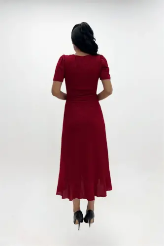 Imported Shimmering Fabric Belt Detail Midi Dress - RED - 5