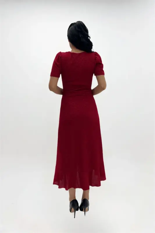 Imported Shimmering Fabric Belt Detail Midi Dress - RED - 5