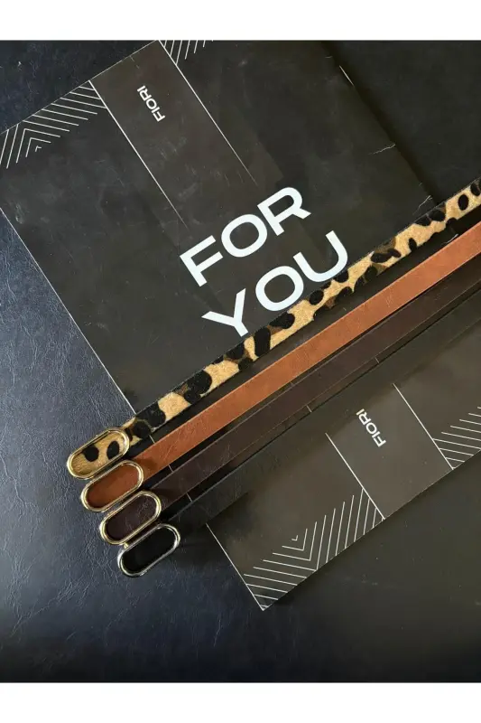 Imported Thin Belt with Oval Gold Buckle, Pants Belt, Shirt Belt, Jacket Belt - Black-Tan-Brown-Leopard - 2