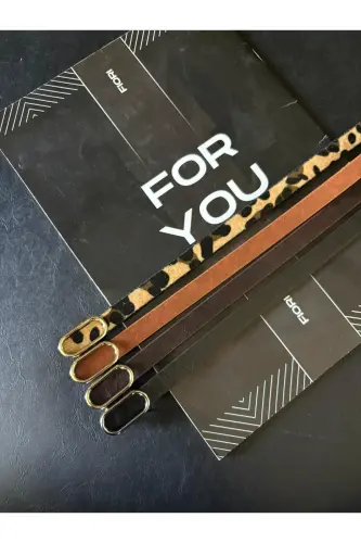 Imported Thin Belt with Oval Gold Buckle, Pants Belt, Shirt Belt, Jacket Belt - Black-Tan-Brown-Leopard - 4