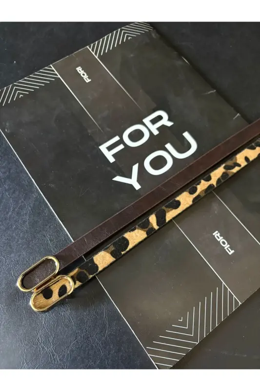 Imported Thin Belt with Oval Gold Buckle, Pants Belt, Shirt Belt, Jacket Belt - Brown-Leopard - 3