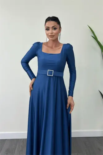 Импортная Креп Сатиновая Ткань Квадратный Воротник Клеш Платье - ИНДИГО СИНИЙ - 3