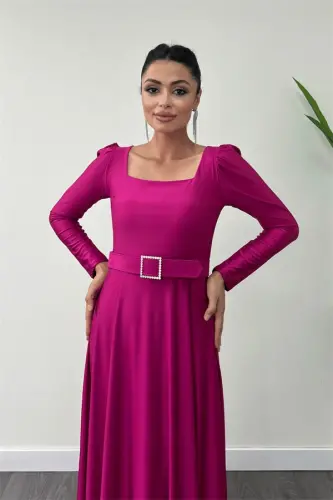 Импортная Креп Сатиновая Ткань Квадратный Вырез Клеш Платье - БОРДО - 4