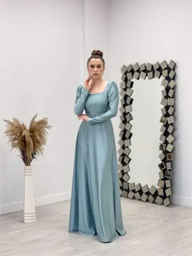 Импортная Креп Сатиновая Ткань Квадратный Вырез Клеш Платье - МЯТНЫЙ ЗЕЛЕНЫЙ - BÜYÜKBEDENIZ (1)