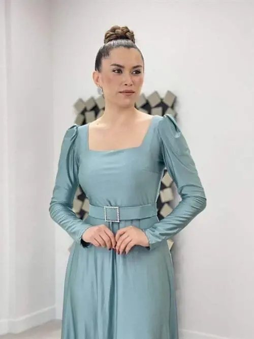 Импортная Креп Сатиновая Ткань Квадратный Вырез Клеш Платье - МЯТНЫЙ ЗЕЛЕНЫЙ - 3