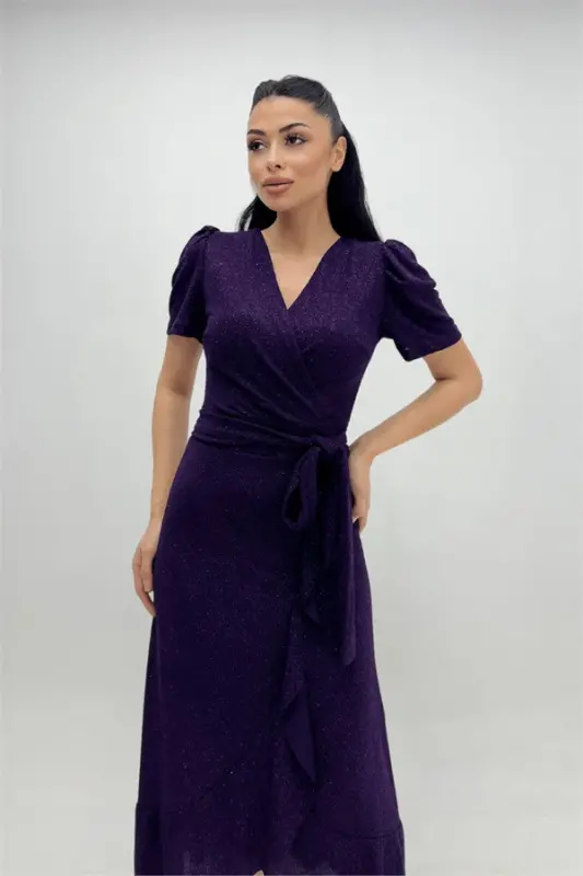 Импортная Ткань с Блестками Пояс Детали Миди Платье - БАКЛАЖАНОВЫЙ ФИОЛЕТОВЫЙ - 2