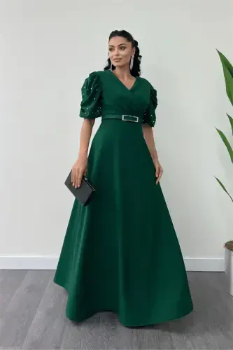 Импортное платье макси из крепа с рукавами-фонариками и жемчужными деталями - Изумрудно-зеленый - BÜYÜKBEDENIZ (1)