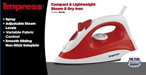 Impress Basic Clothing Iron | Non-Stick | Compact | Spray | Adjustable Steam | Fabric Selector | Swivel Cord | Lightweight | 1200-Watt (Red) - IMPRESS (1)