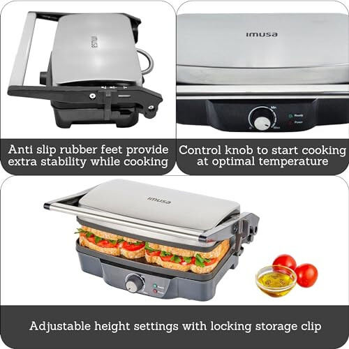 IMUSA Stainless Steel Panini Press Electric with Adjustable Temperature Settings and Nonstick Plates, 1200W - 3