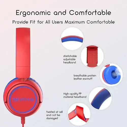 IMYB Kids Headphones Wired, Stereo Foldable Tangle-Free 3.5mm Jack Adjustable On-Ear Headphones for Kids/Toddlers/Children/Teens/Boys/Girls/School/Ipad/Tablet/Kindle/Phones/Travel/Plane (Red) - 6