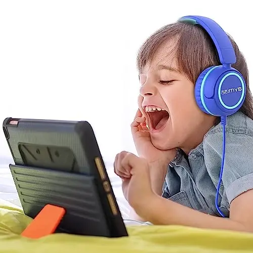 IMYB Kids Headphones, V1 Wired Stereo Foldable Tangle-Free 3.5mm Adjustable On-Ear Headphones for Kids for School/Toddlers/Childrens/Teens/Boys/Girls/Ipad/Tablet/Kindle/Phones/Travel/Plane (Blue) - 2