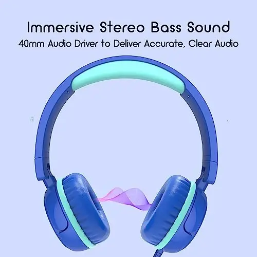 IMYB Kids Headphones, V1 Wired Stereo Foldable Tangle-Free 3.5mm Adjustable On-Ear Headphones for Kids for School/Toddlers/Childrens/Teens/Boys/Girls/Ipad/Tablet/Kindle/Phones/Travel/Plane (Blue) - 3