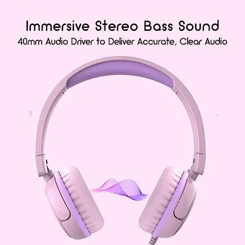 IMYB Kids Headphones, V1 Wired Stereo Foldable Tangle-Free 3.5mm Adjustable On-Ear Headphones for Kids for School/Toddlers/Childrens/Teens/Boys/Girls/Ipad/Tablet/Kindle/Phones/Travel/Plane (Pink) - 3