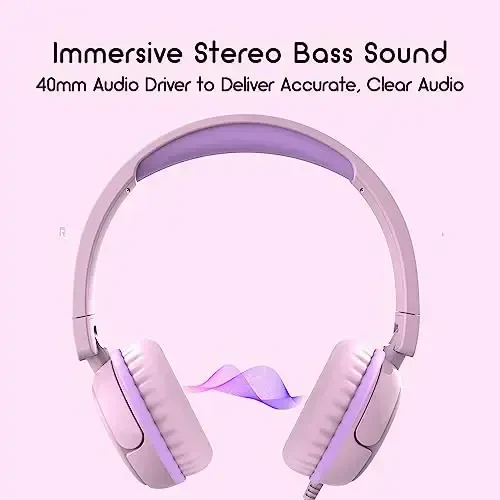 IMYB Kids Headphones, V1 Wired Stereo Foldable Tangle-Free 3.5mm Adjustable On-Ear Headphones for Kids for School/Toddlers/Childrens/Teens/Boys/Girls/Ipad/Tablet/Kindle/Phones/Travel/Plane (Pink) - 3