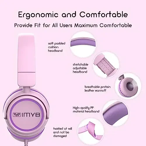 IMYB Kids Headphones, V1 Wired Stereo Foldable Tangle-Free 3.5mm Adjustable On-Ear Headphones for Kids for School/Toddlers/Childrens/Teens/Boys/Girls/Ipad/Tablet/Kindle/Phones/Travel/Plane (Pink) - 6