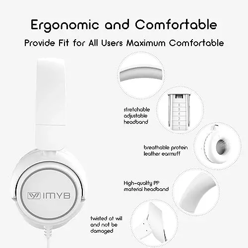 IMYB Kids Headphones, V1 simli stereo buklanadigan chalkashmas 3,5 mm sozlanishi mumkin bo'lgan bolalar uchun quloqchinlar maktab/yosh bolalar/bolalar/o'smirlar/o'g'il bolalar/qizlar/Ipad/planshet/Kindle/telefonlar/sayohat/samolyot uchun (oq) - 6