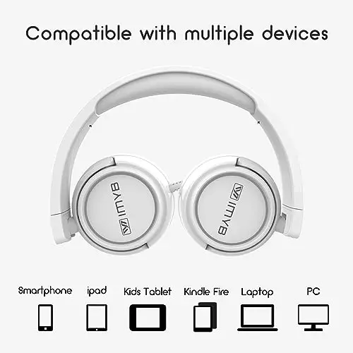 IMYB Kids Headphones, V1 simli stereo buklanadigan chalkashmas 3,5 mm sozlanishi mumkin bo'lgan bolalar uchun quloqchinlar maktab/yosh bolalar/bolalar/o'smirlar/o'g'il bolalar/qizlar/Ipad/planshet/Kindle/telefonlar/sayohat/samolyot uchun (oq) - 5