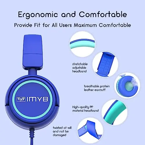 IMYB Kids Headphones, V1 Wired Stereo Foldable Tangle-Free 3.5mm Adjustable On-Ear Headphones for Kids for School/Toddlers/Childrens/Teens/Boys/Girls/Ipad/Tablet/Kindle/Phones/Travel/Plane (Blue) - 6