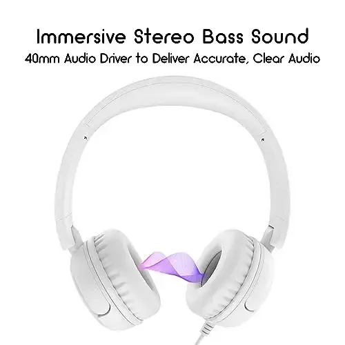 IMYB Kids Headphones, V1 Wired Stereo Foldable Tangle-Free 3.5mm Adjustable On-Ear Headphones for Kids for School/Toddlers/Childrens/Teens/Boys/Girls/Ipad/Tablet/Kindle/Phones/Travel/Plane (White) - 3