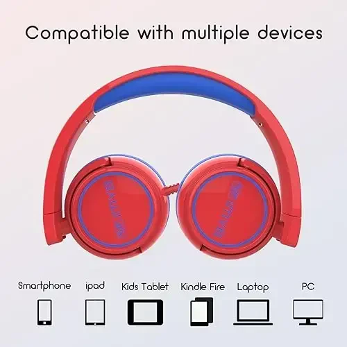 IMYB Kids Headphones Wired, Stereo Foldable Tangle-Free 3.5mm Jack Adjustable On-Ear Headphones for Kids/Toddlers/Children/Teens/Boys/Girls/School/Ipad/Tablet/Kindle/Phones/Travel/Plane (Red) - 5