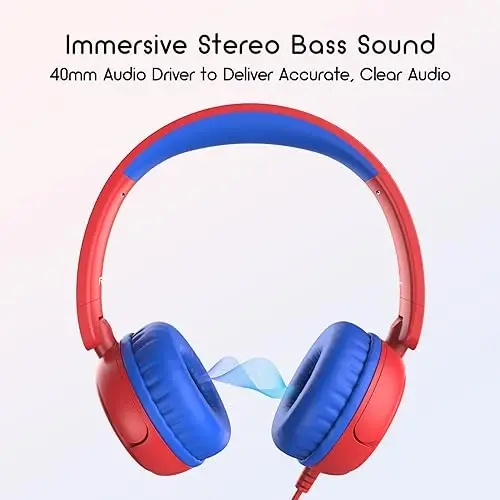 IMYB Kids Headphones Wired, Stereo Foldable Tangle-Free 3.5mm Jack Adjustable On-Ear Headphones for Kids/Toddlers/Children/Teens/Boys/Girls/School/Ipad/Tablet/Kindle/Phones/Travel/Plane (Red) - 3
