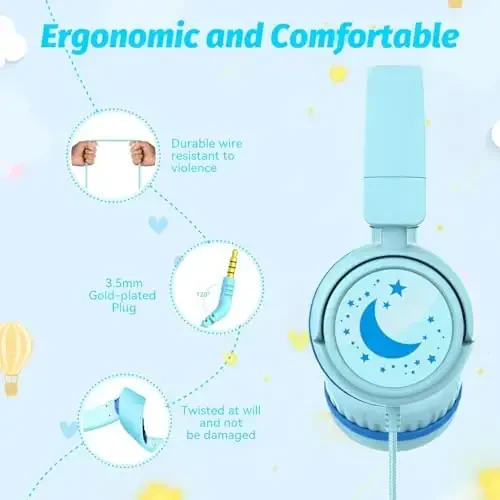 IMYB Kids Headphones with Cord for School, 85/94dB Volume Limit Headphones for Kids, Portable Wired Headphone with Shareport, Stereo Sound Foldable Headset for School/Tablet/iPad/Kindle (Cyan) - 4