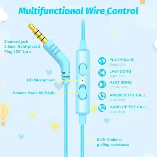 IMYB Kids Headphones with Cord for School, 85/94dB Volume Limit Headphones for Kids, Portable Wired Headphone with Shareport, Stereo Sound Foldable Headset for School/Tablet/iPad/Kindle (Cyan) - 6