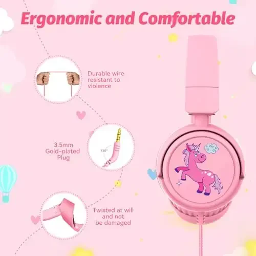 IMYB Kids Headphones with Cord for School, 85/94dB Volume Limit Headphones for Kids, Portable Wired Headphone with Shareport, Stereo Sound Foldable Headset for School/Tablet/iPad/Kindle (Pink) - 4