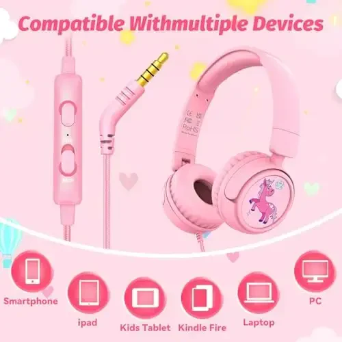 IMYB Kids Headphones with Cord for School, 85/94dB Volume Limit Headphones for Kids, Portable Wired Headphone with Shareport, Stereo Sound Foldable Headset for School/Tablet/iPad/Kindle (Pink) - 5