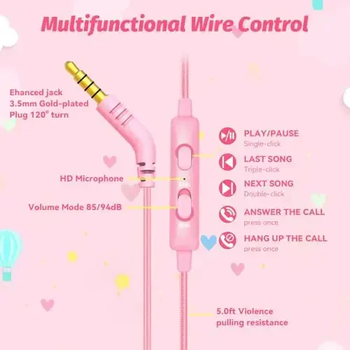 IMYB Kids Headphones with Cord for School, 85/94dB Volume Limit Headphones for Kids, Portable Wired Headphone with Shareport, Stereo Sound Foldable Headset for School/Tablet/iPad/Kindle (Pink) - 6