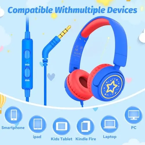 IMYB Kids Maktab uchun simli naushniklar, Bolalar uchun 85/94dB ovoz balandligini cheklovchi naushniklar, Shareportli portativ simli naushnik, Maktab/planshet/iPad/Kindle uchun stereo ovozli buklanadigan гарнитура (ko'k) - 5