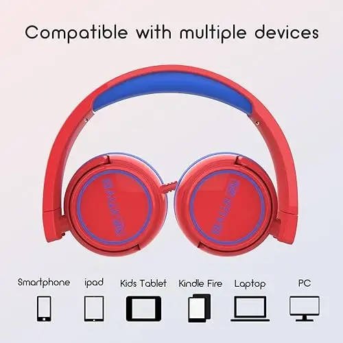 IMYB Kids simli naushniklar simli, Stereo buklanadigan chalkashmas 3,5 mm Jek sozlanishi quloqchin bolalar/yosh bolalar/bolalar/o‘smirlar/o‘g‘il bolalar/qizlar/maktab/Ipad/planshet/Kindle/telefonlar/sayohat/samolyot (qizil) uchun - 5