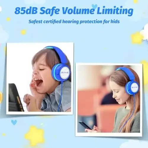 IMYB V1 Kids Headphones, Wired Stereo Foldable Tangle-Free 3.5mm Adjustable On-Ear Headphones for Kids for School/Toddlers/Childrens/Teens/Boys/Girls/Ipad/Tablet/Kindle/Phones/Travel/Plane (Blue-RV) - 2