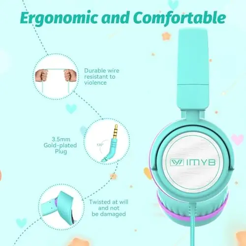 IMYB V1 Kids Headphones, Wired Stereo Foldable Tangle-Free 3.5mm Adjustable On-Ear Headphones for Kids for School/Toddlers/Childrens/Teens/Boys/Girls/Ipad/Tablet/Kindle/Phones/Travel/Plane (Green-RV) - 4