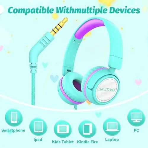 IMYB V1 Kids Headphones, Wired Stereo Foldable Tangle-Free 3.5mm Adjustable On-Ear Headphones for Kids for School/Toddlers/Childrens/Teens/Boys/Girls/Ipad/Tablet/Kindle/Phones/Travel/Plane (Green-RV) - 5