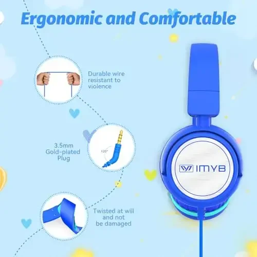 IMYB V1 Детские наушники, проводные стерео складные не спутывающиеся 3,5 мм регулируемые накладные наушники для детей для школы/малышей/детей/подростков/мальчиков/девочек/Ipad/планшета/Kindle/телефонов/путешествий/самолета (синий-RV) - 4