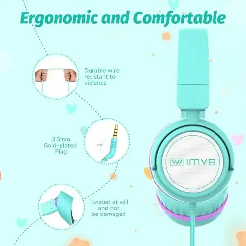 IMYB V1 Детские наушники, проводные стерео складные не спутывающиеся 3,5 мм регулируемые накладные наушники для детей для школы/малышей/детей/подростков/мальчиков/девочек/Ipad/планшета/Kindle/телефонов/путешествий/самолета (зеленый-RV) - 4