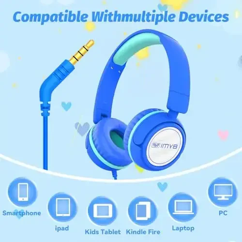 IMYB V1 Kids Headphones, Wired Stereo Foldable Tangle-Free 3.5mm Adjustable On-Ear Headphones for Kids for School/Toddlers/Childrens/Teens/Boys/Girls/Ipad/Tablet/Kindle/Phones/Travel/Plane (Blue-RV) - 5