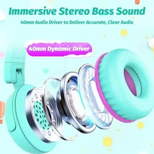 IMYB V1 Kids Headphones, Wired Stereo Foldable Tangle-Free 3.5mm Adjustable On-Ear Headphones for Kids for School/Toddlers/Childrens/Teens/Boys/Girls/Ipad/Tablet/Kindle/Phones/Travel/Plane (Green-RV) - 3