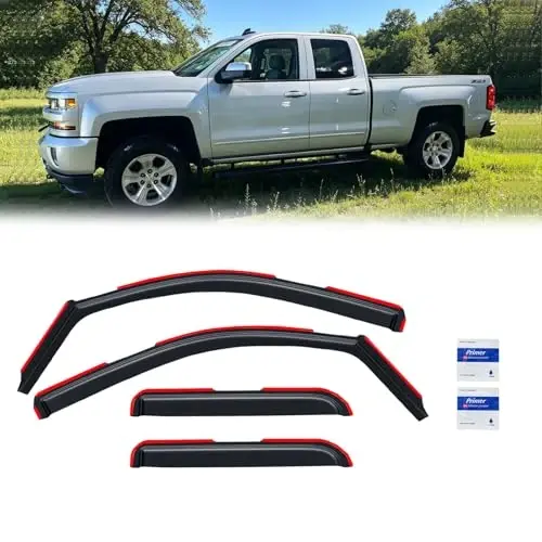 in-Channel Rain Guards for 2014-2018 Chevy Silverado 1500/ GMC Sierra 1500 Double Cab, Window Visor Shields Vent Deflector Shade Wind Dark Smoke for 15-19 Silverado/Sierra 2500 3500, Tape-On, 4PCS - 1