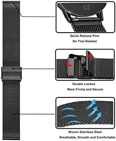 Slim Mesh Stainless Steel Quick Release Compatible with Garmin Forerunner 970/570 47mm/TOOBUR IDW17/TOZO S5 S2 Smartwatch, Replacement Wristband Sports Straps Bracelet Adjustable Watch Band Women Men Strap with Quick Release Pins - 4