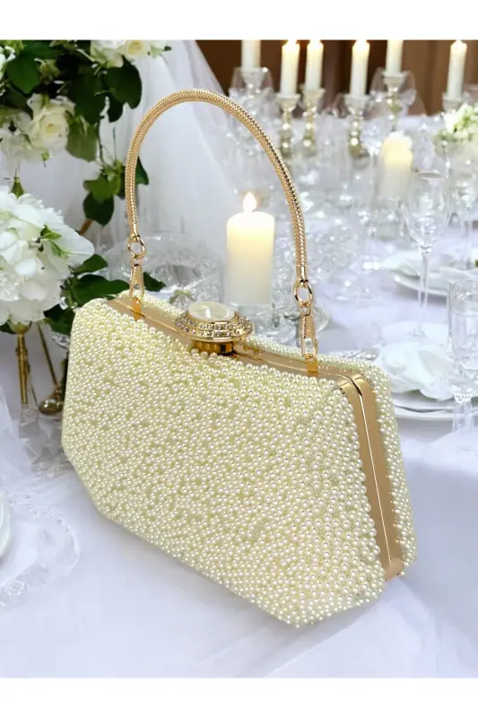 İncili Abiye Çanta Sedef Renk Gelin Çantası Abiye Çanta Gece Çantası Portföy Clutch - Ekru - Altın - 1