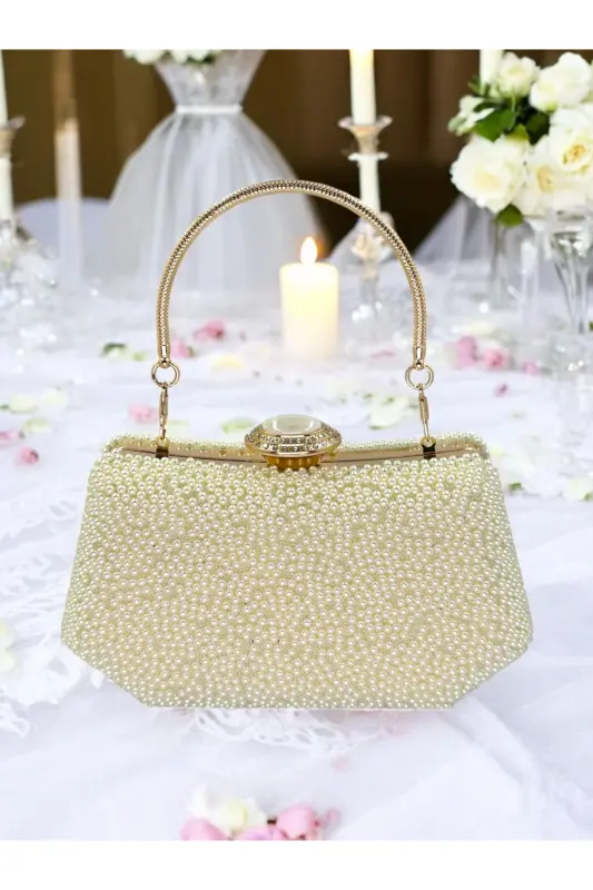 İncili Abiye Çanta Sedef Renk Gelin Çantası Abiye Çanta Gece Çantası Portföy Clutch - Ekru - Altın - 2