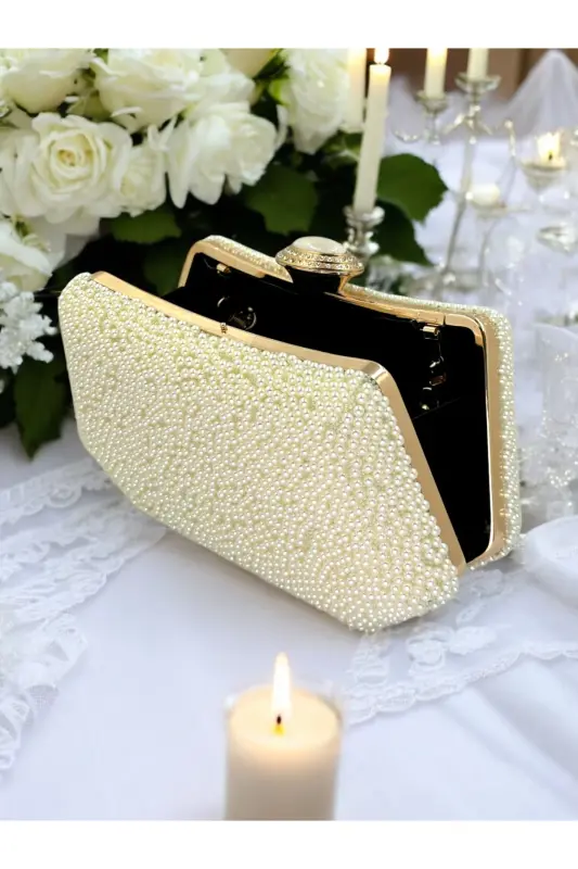 İncili Abiye Çanta Sedef Renk Gelin Çantası Abiye Çanta Gece Çantası Portföy Clutch - Ekru - Altın - 3