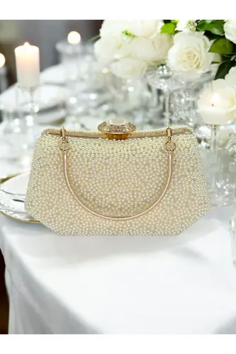 İncili Abiye Çanta Sedef Renk Gelin Çantası Abiye Çanta Gece Çantası Portföy Clutch - Ekru - Altın - 4