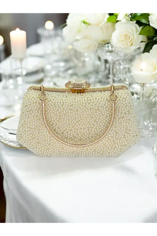 İncili Abiye Çanta Sedef Renk Gelin Çantası Abiye Çanta Gece Çantası Portföy Clutch - Ekru - Altın - 4