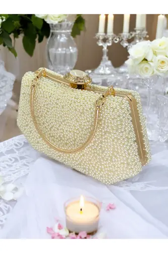 İncili Abiye Çanta Sedef Renk Gelin Çantası Abiye Çanta Gece Çantası Portföy Clutch - Ekru - Altın - 5