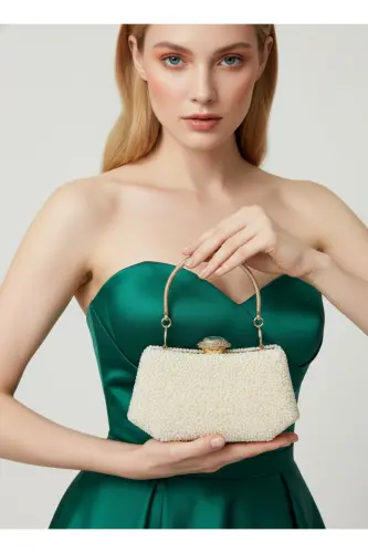 İncili Abiye Çanta Sedef Renk Gelin Çantası Abiye Çanta Gece Çantası Portföy Clutch - Ekru - Altın - 6